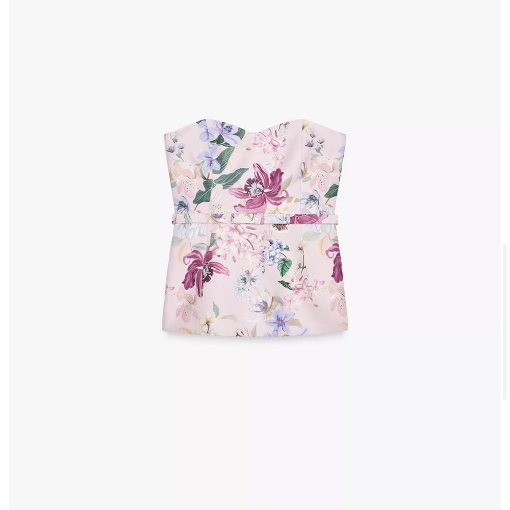 Zara Floral Sweetheart Corset Top Belted Bardot Pink NWT XS - Picture 9 of 10